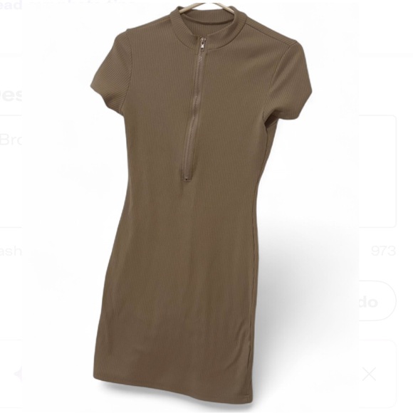 Tan Ruched Ribbed Bodycon Dress - Picture 2 of 3